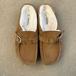 Birkenstock Buckley Shearling Clog Dark Tea Brown Suede Leather Buckle Mule 39